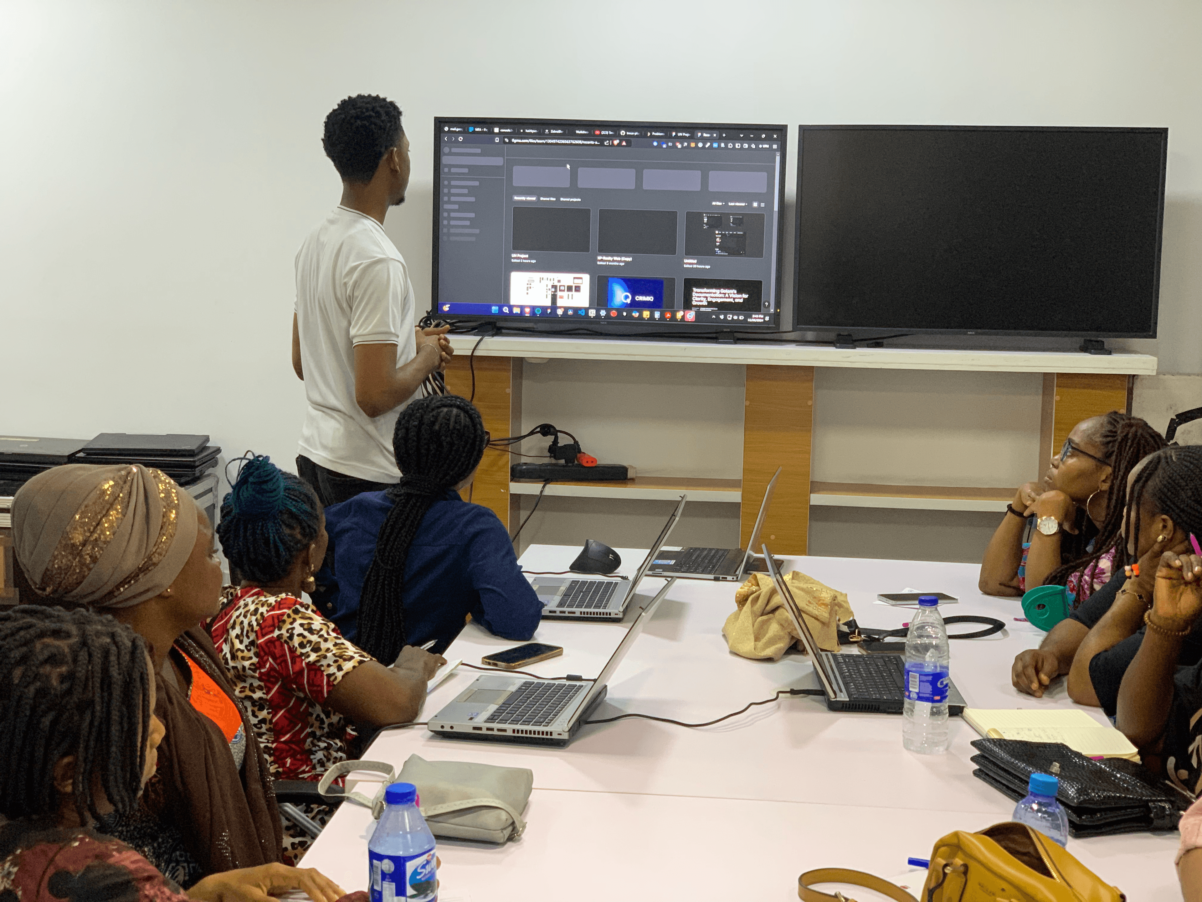 Hosting a design workshop and presenting a project to a group of colleagues in a conference room.